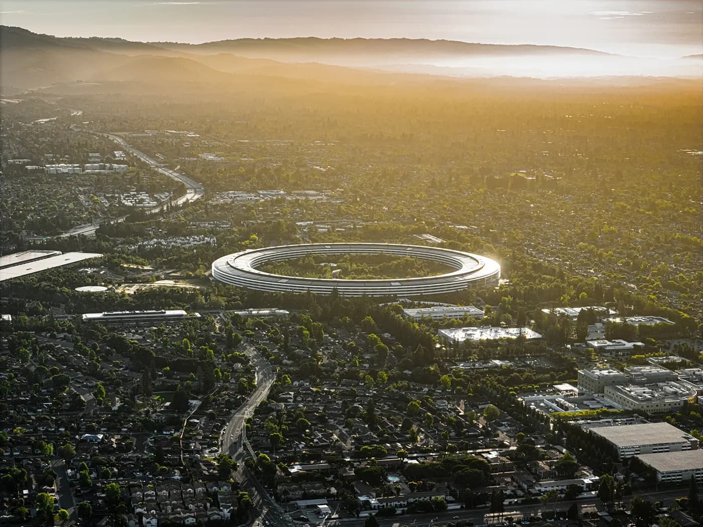Apple Park, Apple’s headquarters in Cupertino, seen from the air in June 2024. For its new Macs, the company is leaving Northern California for Los Angeles.