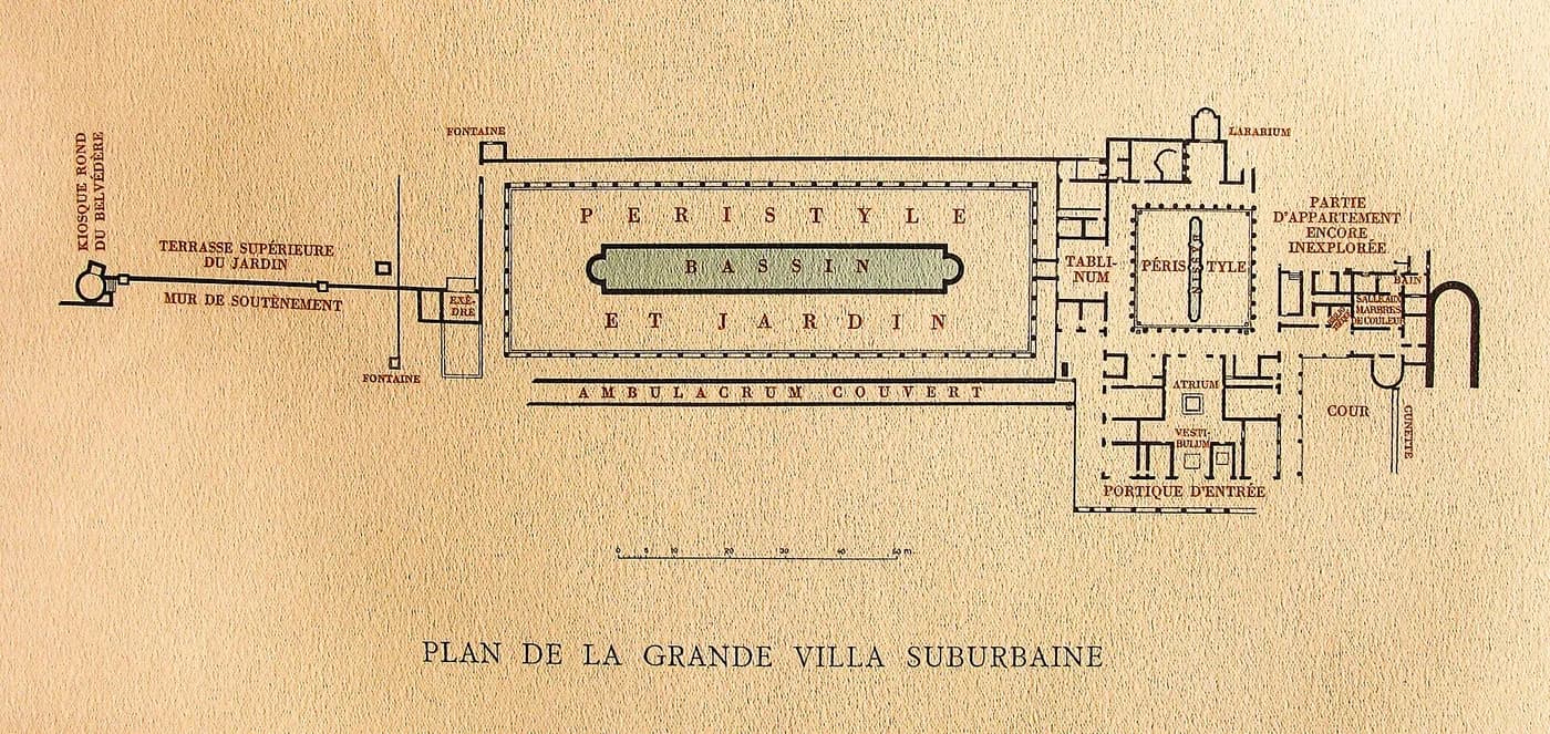 A reconstruction of the Villa of the Papyri at Herculaneum, whose library was buried by the eruption of Vesuvius.