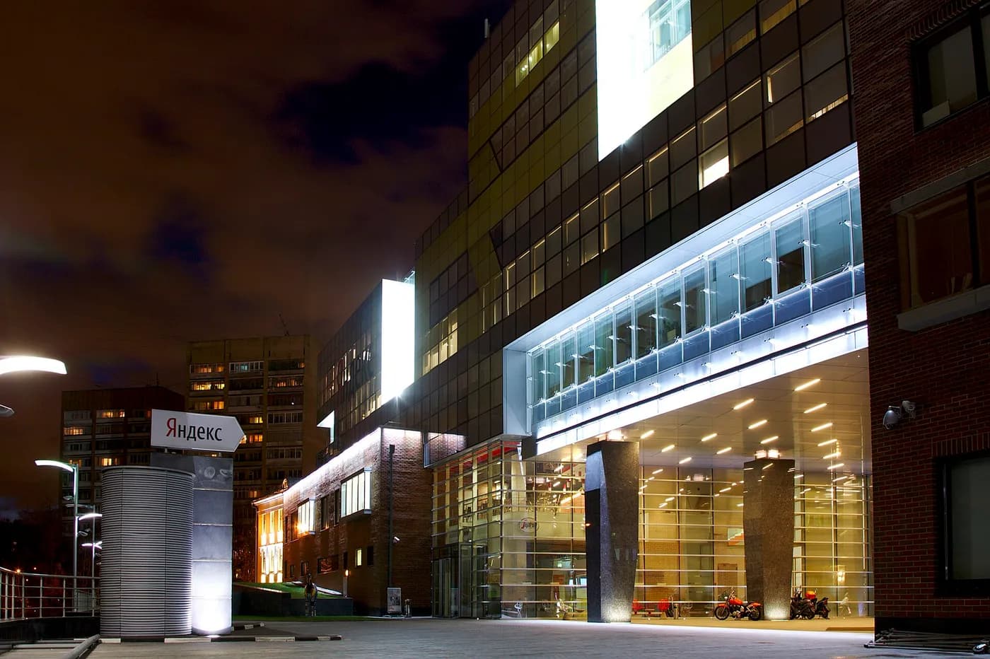 Yandex headquarters in Moscow at night. The three data centres hit between October 8 and 11 are in the Ryazan, Kaluga and Vladimir regions.